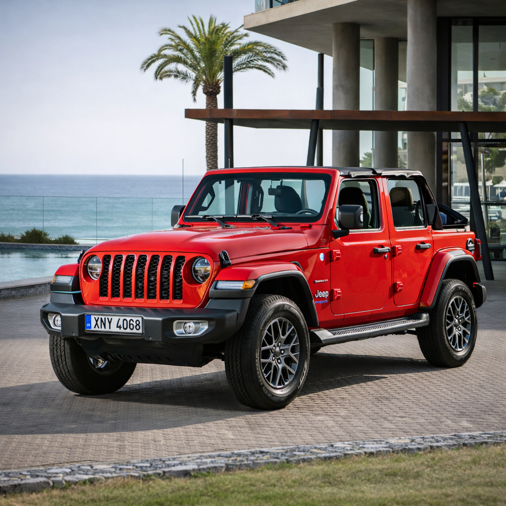 Jeep Wrangler rental in Crete in front of hotel